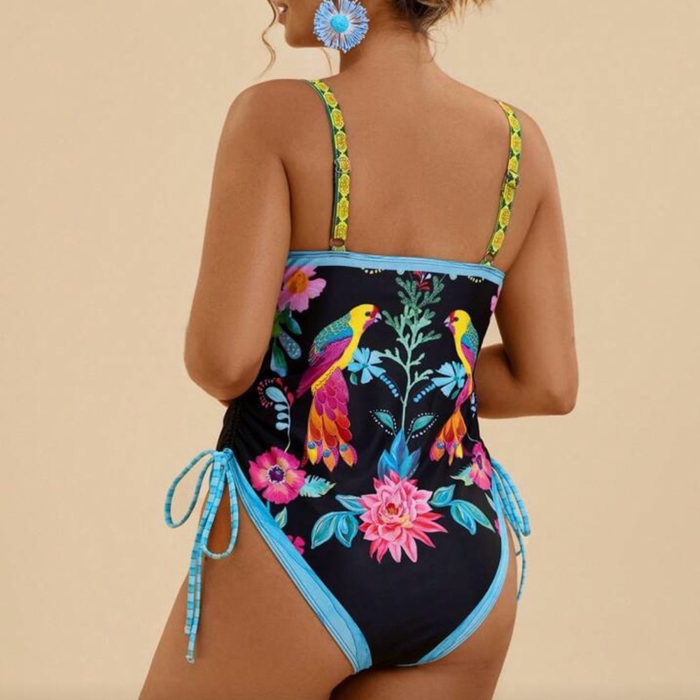 SHEIN Swim Travachic Plus Boho One-Piece 1XL Side tie Black Parrot NWOT